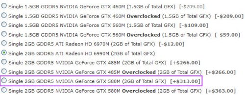 Origin PC  GTX 580M  $313 ,  Radeon HD 6990M