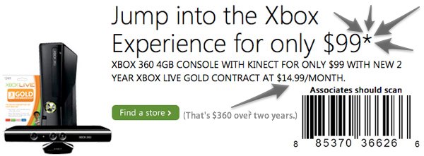 Microsoft начала продажу Xbox 360 4GB + Kinect по цене $99 с двухлетней подпиской