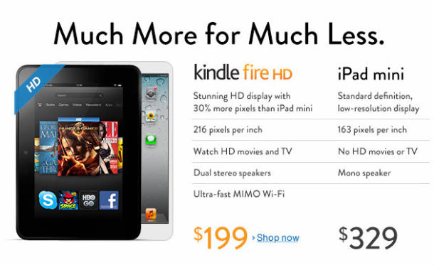 Amazon:  Kindle Fire HD ,   iPad mini